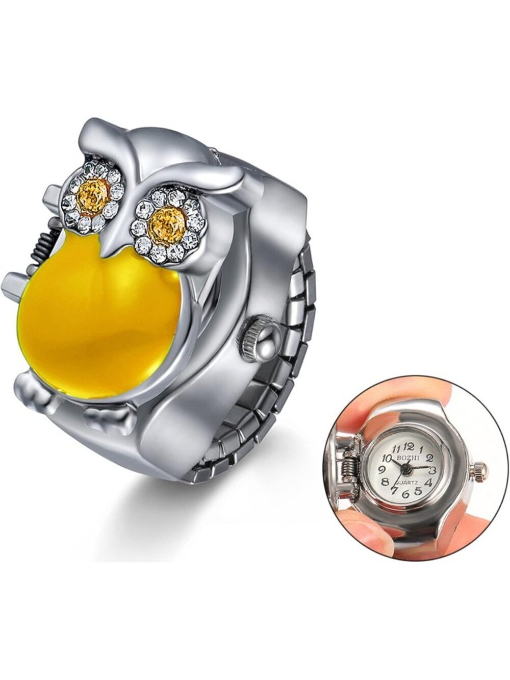 Unisex Yellow Analog Quartz Stylish Owl Flip-Open Cover Adjustable Ring Watch - Picture 2 of 7